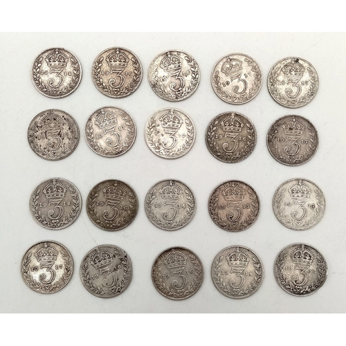 1357 - A Parcel of 20 Pre-1920 Silver Three Pence Coins. Good to Very Fine Condition. Majority WW1 Dated. 2... 