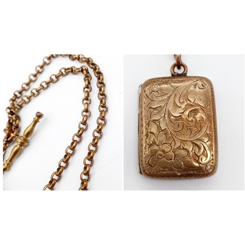 10 - An Antique 9K Gold Vinaigrette Booklet Pendant on an Antique 9K Gold Fob Chain. 13g total weight.