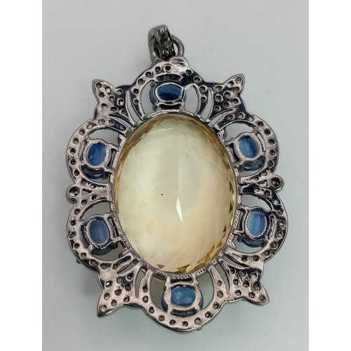 148 - An Oval Citrine Pendant with Kyanites & Rose cut Diamonds. Set in 925 Sterling Silver. Citrine - 31.... 