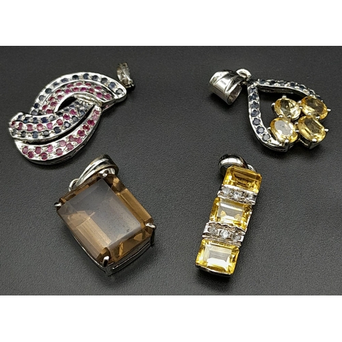 185 - Four gemstone 925 Silver Pendants. Amethyst, Citrine Rectangular, Heart-shaped Citrine & Mixed Sapph... 