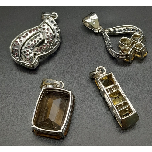 185 - Four gemstone 925 Silver Pendants. Amethyst, Citrine Rectangular, Heart-shaped Citrine & Mixed Sapph... 