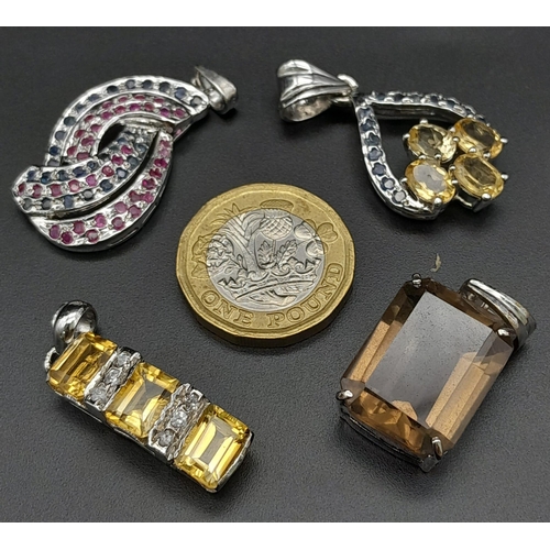 185 - Four gemstone 925 Silver Pendants. Amethyst, Citrine Rectangular, Heart-shaped Citrine & Mixed Sapph... 