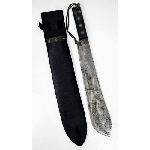 316 - A WW2 Era Joseph Beal and Sons Machete with Leather Sheaf. Markings on blade. 37cm blade length.