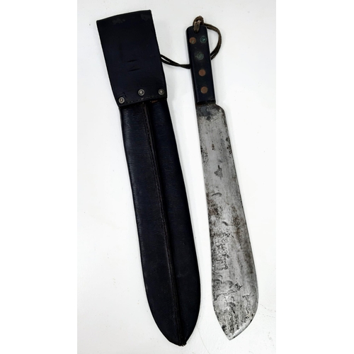 316 - A WW2 Era Joseph Beal and Sons Machete with Leather Sheaf. Markings on blade. 37cm blade length.