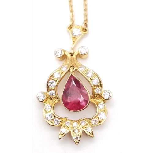 510 - A Fabulous 18K Yellow Gold, Ruby and Diamond Lavaliere Pendant on an 18K Yellow Gold Disappearing Ne... 