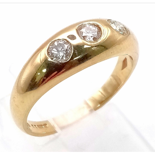 589 - A 9K Yellow Gold Diamond Trilogy Ring. 0.40ctw. Size P. 3.75g total weight. Full UK hallmarks.