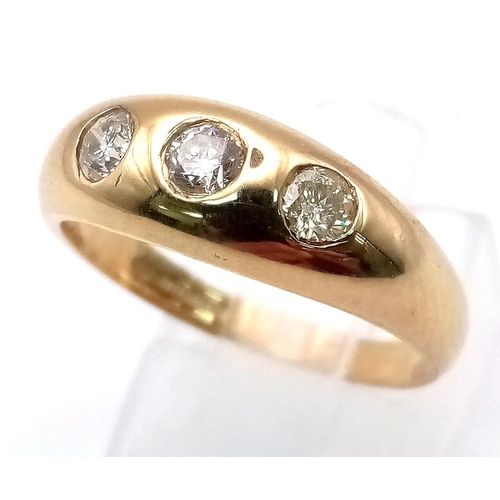 589 - A 9K Yellow Gold Diamond Trilogy Ring. 0.40ctw. Size P. 3.75g total weight. Full UK hallmarks.