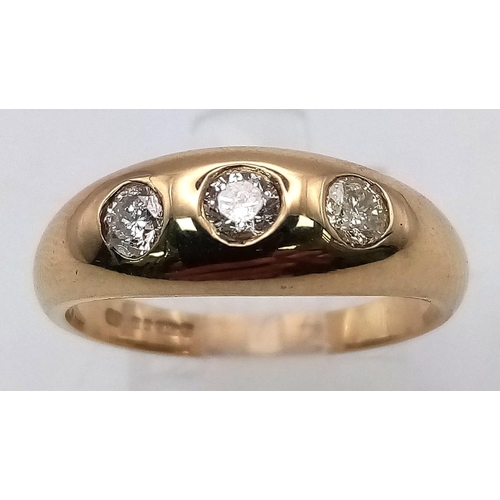 589 - A 9K Yellow Gold Diamond Trilogy Ring. 0.40ctw. Size P. 3.75g total weight. Full UK hallmarks.