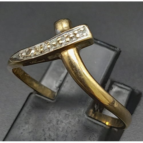 681 - A Vintage 9K Yellow Gold Diamond Crossover Ring. Size P. 1.36g total weight.