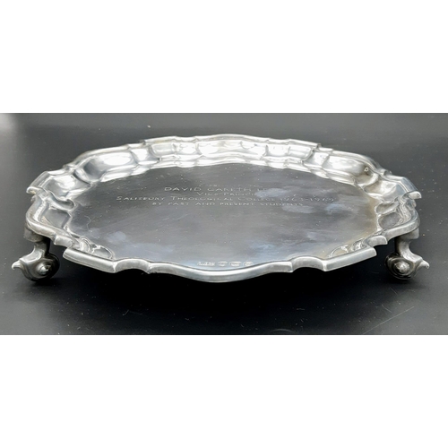 686 - A Vintage 925 Sterling Silver Inscribed Salver on Three Scrolled Pedestal Feet.  Hallmarks for Sheff... 