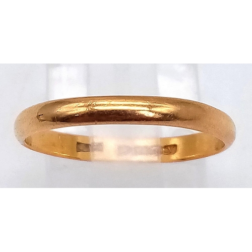 7 - A 22k Yellow Gold Band Ring. Size O. 2.1g weight. Full UK Hallmarks.