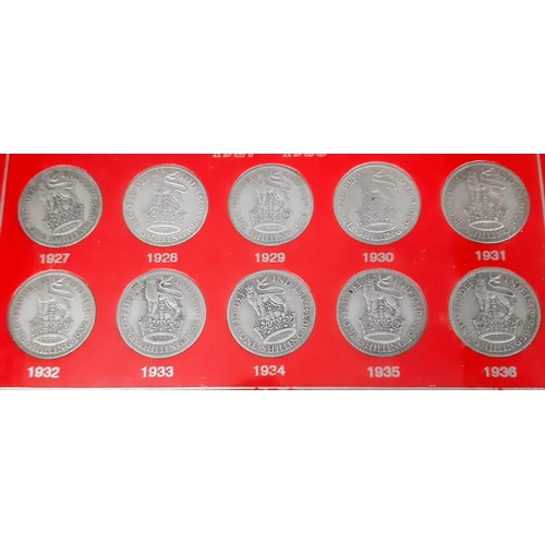 838 - A SET OF 10 SHILLING COINS FROM THE REIGN OF GEORGE V  1927-1936 ENCASED IN PLASTIC DISPLAY TRAY.