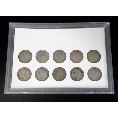 838 - A SET OF 10 SHILLING COINS FROM THE REIGN OF GEORGE V  1927-1936 ENCASED IN PLASTIC DISPLAY TRAY.