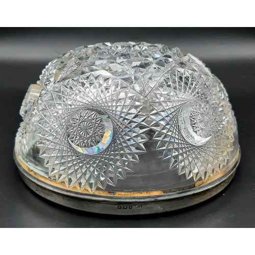 840 - A BEAUTIFUL CRYSTAL CUT GLASS BOWL WITH SILVER RIM .  20cms DIAMETER     2.3KG