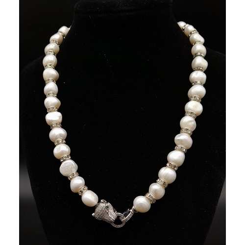 139 - A very elegant, French designer style, natural, cultured, white pearl and cubic zirconia necklace an... 