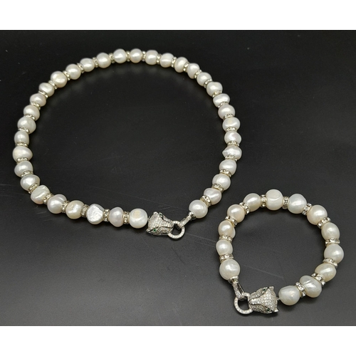 139 - A very elegant, French designer style, natural, cultured, white pearl and cubic zirconia necklace an... 