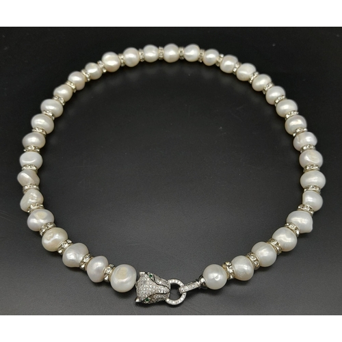 139 - A very elegant, French designer style, natural, cultured, white pearl and cubic zirconia necklace an... 