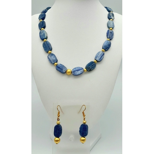 195 - An excellent quality, unusual, large beaded, natural Kyanite necklace and earrings set with gilded a... 