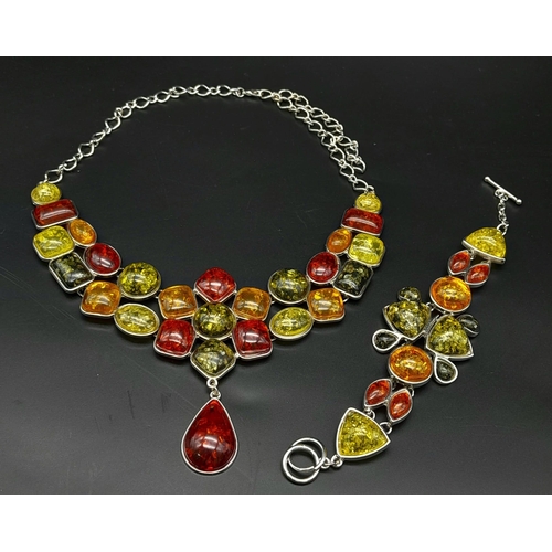 223 - A regal, white metal (untested), multi-coloured amber necklace and bracelet set. Total weight: 110 g... 