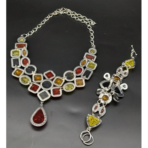 223 - A regal, white metal (untested), multi-coloured amber necklace and bracelet set. Total weight: 110 g... 