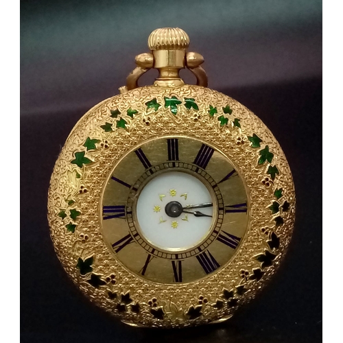 243 - An 18K Gold Half Hunter Pocket Watch with green enamel foilage decoration. 35mm diameter, white dial... 