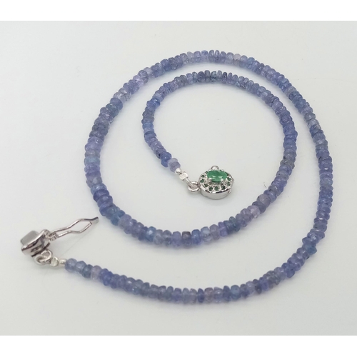 657 - A 95ct Tanzanite Gemstone Single Strand Necklace with Emerald Clasp. 3mm beads set in 925 Silver. 42... 