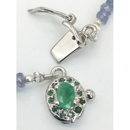 657 - A 95ct Tanzanite Gemstone Single Strand Necklace with Emerald Clasp. 3mm beads set in 925 Silver. 42... 