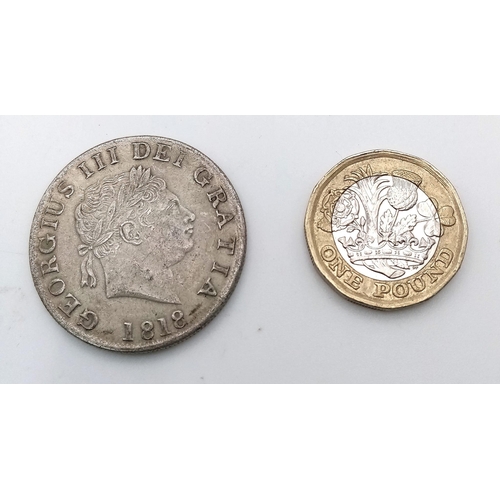 314 - An 1818 George III Half-crown Silver Coin. Small head. S3789. Please see photos for conditions.