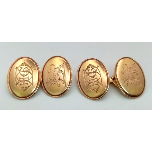 57 - A Vintage Possibly Antique Pair of 15K Gold (tested) Engraved Oval Cufflinks. 9.51g total weight.