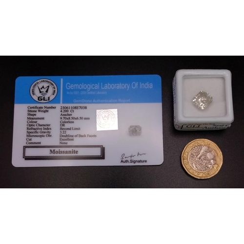 641 - A 4.2ct Radiant Cut White Loose Moissanite - Comes with a GLI certificate.