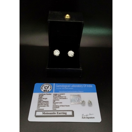 768 - A Pair of 5ct White Moissanite Stud Earrings. Set in 925 silver. Comes with a GLI certificate.