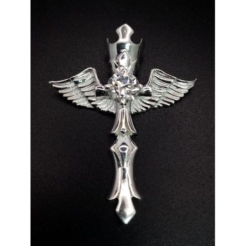 893 - A 1ct White Moissanite Gemstone and 925 Silver Cross Pendant. 4.5cm x 4cm.