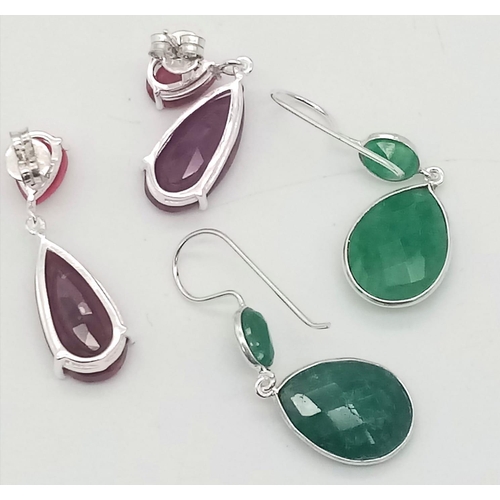 389 - Two Pairs of Gemstone Drop Earrings set in 925 Silver. Emerald and Ruby.