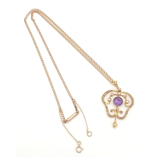 505 - An Antique 15K Gold Amethyst and Seed Pearl Lavaliere Pendant on a 15K Gold Necklace. 4cm and 44cm. ... 