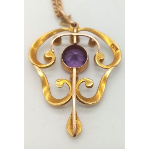 505 - An Antique 15K Gold Amethyst and Seed Pearl Lavaliere Pendant on a 15K Gold Necklace. 4cm and 44cm. ... 