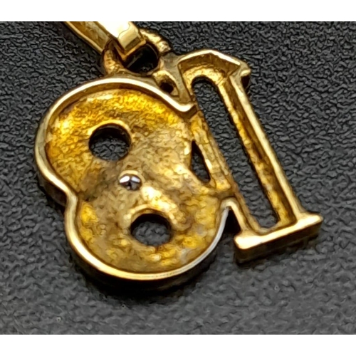 547 - A 9k Yellow Gold '18' Pendant on a 9K Yellow Gold Disappearing Necklace. Single small diamond on 8. ... 