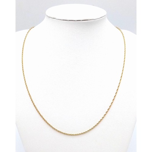 617 - A 9K Yellow Gold Thin Rope Necklace. 44cm. 2.1g weight