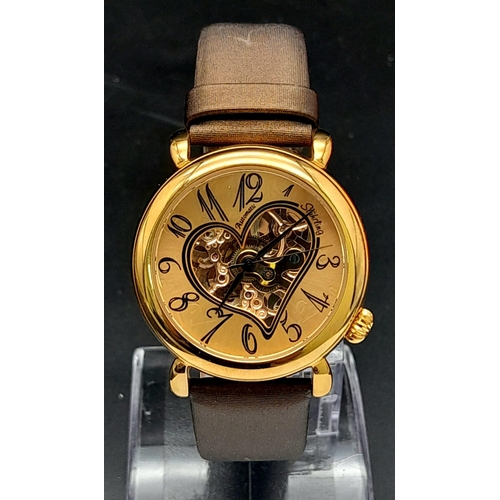 710 - A Stuhrling Skeleton Heart-Decorative Automatic Watch. Brown leather strap. Gilded case - 35mm. Rose... 