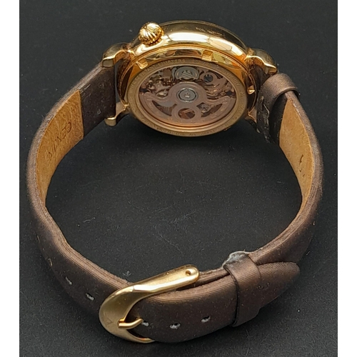 710 - A Stuhrling Skeleton Heart-Decorative Automatic Watch. Brown leather strap. Gilded case - 35mm. Rose... 