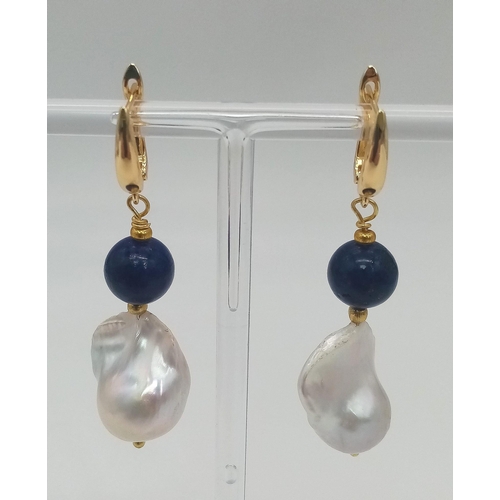 854 - Lovely pair of Lapis and Baroque Pearl pendant earrings.