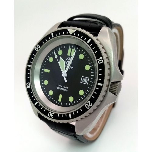 871 - A Cooper Submaster Quartz Divers Watch. Black leather strap. Stainless steel case - 43mm. Black dial... 