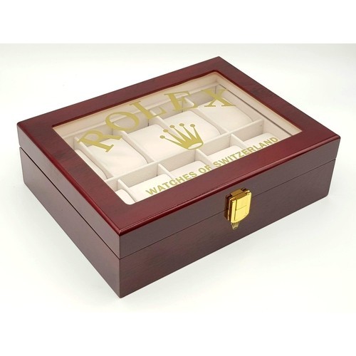 296 - A Watch Display Case - Perfect for Rolex Watches. Plush interior with ten spaces - polished veneer e... 