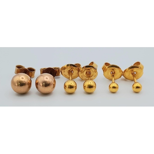 491 - Three Pairs of 9K Yellow Gold Ball Stud Earrings. 2.34g total weight.