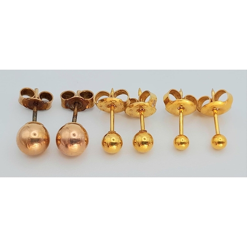 491 - Three Pairs of 9K Yellow Gold Ball Stud Earrings. 2.34g total weight.