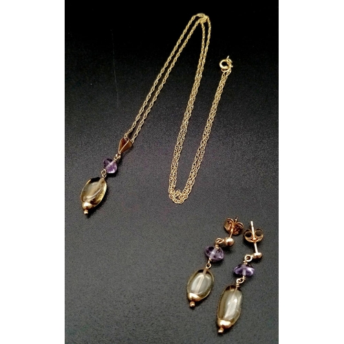 575 - A 9K Yellow Gold Amethyst and Citrine Necklace with Pendant and Earring Set. Pendant - 3cm. Necklace... 