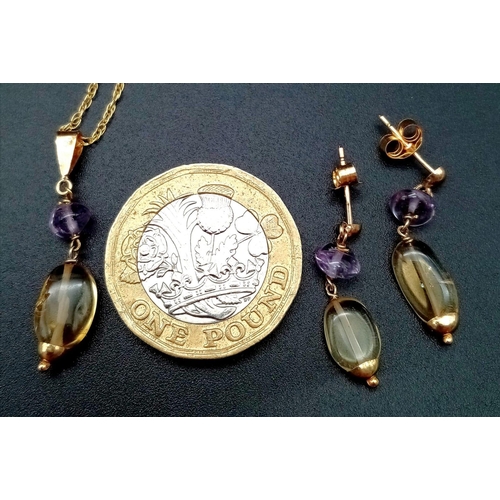 575 - A 9K Yellow Gold Amethyst and Citrine Necklace with Pendant and Earring Set. Pendant - 3cm. Necklace... 