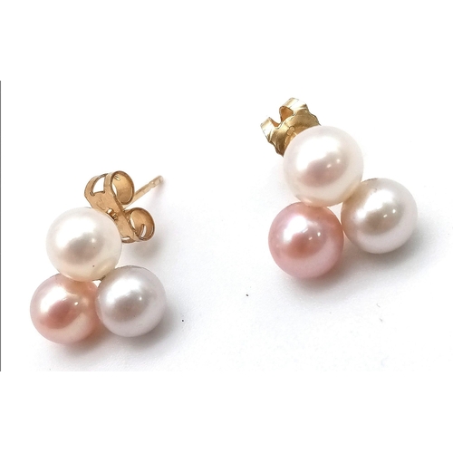 603 - A Pair of 9K Yellow Gold Cultured Pearl Cluster Earrings. 1.65g total weight.