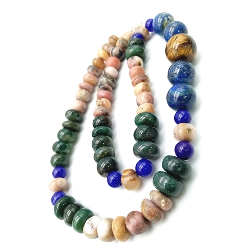 612 - A Tigers Eye, Jade and Lapis Lazuli Necklace. A mixture of rondelle and round beads. Largest central... 