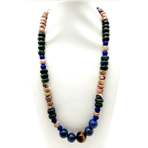 612 - A Tigers Eye, Jade and Lapis Lazuli Necklace. A mixture of rondelle and round beads. Largest central... 