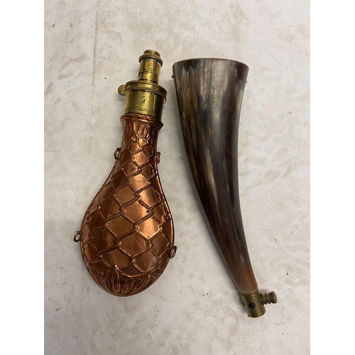 753 - A Powder Horn and a Powder Flask Made by G and J.W. Hawksley Sheffield. Ref: ML265